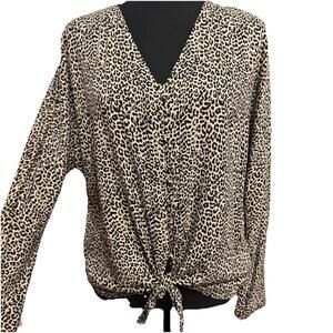 Beach Lunch Lounge Blouse Medium Womens Leopard Print Tie Top Button Up Casual